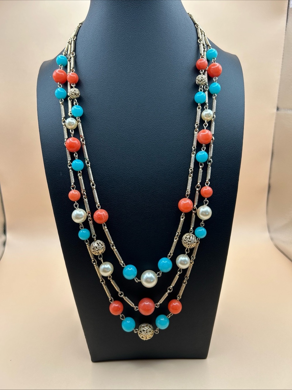 Vintage Triple Strand beaded Necklace 1960 Turquoise Beaded Pearl Feature Clasp
